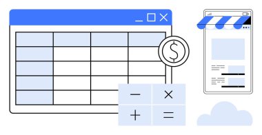 Hesap makinesinin yanında ızgara çizgileri, dolar işareti simgesi, çevrimiçi atölye arayüzü ve bulut. Finans, muhasebe, e-ticaret, bütçe, dijital iş bulutu çözümleri için idealdir.