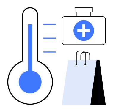 Yükselen göstergeli termometre, haçlı sağlık çantası ve alışveriş torbası. Sağlık, ilaç, alışveriş, sağlık, sağlık ürünleri, perakende tüketici ihtiyaçları için idealdir. Düz basit metafor