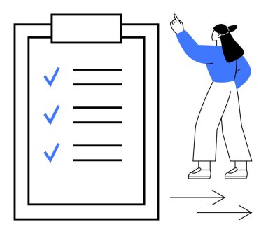 Kontrol listesi ve mavi işaretli büyük pano, yukarı bakan kadın, hareketi gösteren oklar. Görev yönetimi, üretkenlik, iş akışı, organizasyon, verimlilik, başarı için ideal