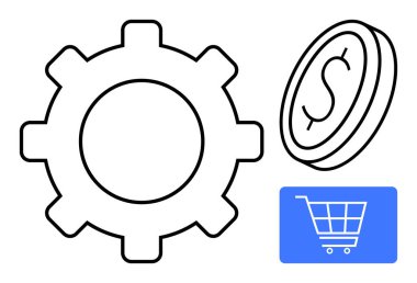 Büyük teçhizat, dolar işareti olan bozuk para ve optimizasyonu, finans, ticaret ve işlem verimliliğini sembolize eden alışveriş arabası unsuru. İş için ideal, otomasyon, ecommerce ekonomi yönetimi