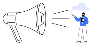 Büyük megafon ses dalgalarını yükselterek bir insana dokümanları gösteriyor ve tutuyor. İletişim, terfi, eğitim, takım çalışması, liderlik, fikirler, pazarlama için ideal. Düz basit metafor