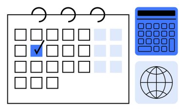 İşaretli tarihli takvim, mavi hesap makinesi, dünya ikonu vurgulama planı, organizasyon, bütçe belirleme, küresel koordinasyon. Program, finans, eğitim seyahat stratejisi üretkenlik düzlemi için ideal