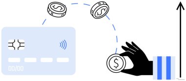 Kredi kartı açık bir ele doğru bozuk para yayıyor, ok da yukarı doğru büyüdüğünü gösteriyor. Ödeme sistemleri, teknoloji, finans, tasarruflar, yatırımlar, finansal büyüme bankacılığı için ideal. Düz basit metafor