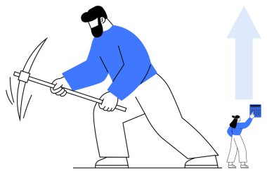 Kazma kullanan bir adam, tabletle veri analiz eden bir kadın, yukarı doğru büyüdüğünü gösteren bir ok. Çalışma ahlakı, takım çalışması, yenilik, büyüme zihniyeti, analitik, gelişim düzeyi için ideal