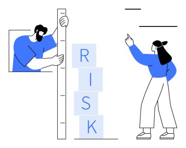 Bir erkek üst basamaklarda RISK etiketli blokları ölçmek için cetvel kullanırken, bir kadın da değerlendirme, karar verme, strateji, analiz, kontrol, işbirliği ve büyümeyi temsil ediyor. Düz basit