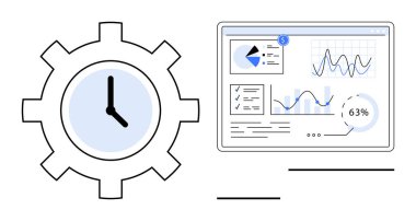Analitik gösterge panelinin yanında mavi saat, grafikler ve veri ölçümleri var. Zaman yönetimi, üretkenlik, verimlilik, veri analizi, iş stratejisi, iş akışı dairesi için ideal basit