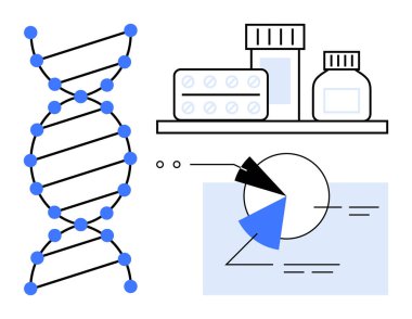 DNA sarmalları, ilaç şişeleri, şişeler ve pasta grafiği analizleri biyoteknoloji, sağlık ve araştırma olduğunu gösteriyor. Bilim için ideal, genetik farma veri yenilikleri araştırma tanıları. Düz