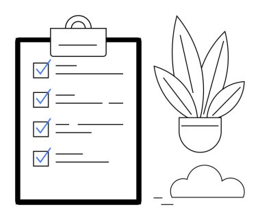 Kutu işaretli pano, saksı bitkisi, bulut çizgisi. Üretkenlik, planlama, organizasyon, yapılacaklar listesi, verimlilik, görev yönetimi iş akışı soyut çizgi düz metaforu için ideal