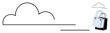 Minimalist alışveriş torbası ve geometrik çizgileri olan bulut çizgisi. E-ticaret, bulut depolama, kolaylık, online alışveriş, dijital ekonomi, modern yaşam tarzı, bağlantı için ideal. Soyut satır düzlüğü