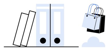 Belge dizinleri eğimli bir çift, alışveriş torbaları ve bir bulut simgesi ile hizalanmış. İş-yaşam dengesi, organizasyon, üretkenlik, minimalizm, ofis dekorasyonu, tüketim dijital bulut kullanımı için ideal