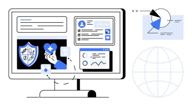 Bilgisayar ekranında dijital sağlık kayıtları, tıbbi kalkan, analitik ve küresel veri sunumu var. Sağlık, teknoloji, veri analizi, teletıp, küresel sağlık dijital