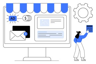 Pazarlama araçlarına sahip masaüstü ekranı, e- posta, reklam ve içeriği, hesap makinesini vites simgesinin yanında tutan kullanıcıyı onaylar. Çevrimiçi iş, strateji, e-ticaret, analitik, iletişim teknolojisi için ideal