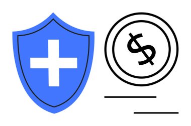 Çember şeklinde haç ve dolar işareti olan mavi kalkan koruma ve finans konularını vurguluyor. Sağlık, sigorta, güvenlik, güvenlik, finans, maliyet yönetimi, tıbbi planlar için ideal. Düz basit