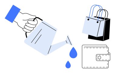 Alışveriş torbaları ve cüzdanın yanında damlalar olan su dolu bir teneke kutu. Yatırım büyümesi, tasarruflar, mali planlama, bütçe planlaması, akıllıca harcama, ekonomik beslenme ve zenginlik için ideal