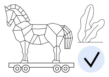 Geometric horse sculpture on wheels, abstract plant illustration, and check mark. Ideal for cybersecurity, strategy, approval process, concept validation, decision making trust and risk. Flat clipart