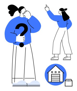 Düşünceli bir insan soru işareti tutuyor ve bir diğeri de ev ikonu ve kutusunu işaret ediyor. Karar verme, emlak, lojistik, problem çözme, planlama, hedefler, hayat tercihleri için ideal. Düz