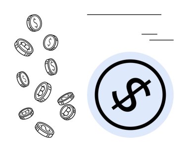 Dolar ve bitcoin işaretleriyle işaretlenmiş bozuk paralar yasaklanmış para ikonuna doğru serbest düşüş. Finans, kripto para birimi, ekonomi, gider, yasaklama, tasarruf, iş ahlakı, düz basit metafor