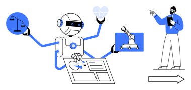 Robot adalet, kalp, robotik kol ve veri tablosunu bir profesyonel tarafından yönetiyor. Yapay zeka, otomasyon, etik yenilik takım çalışması için ideal. Düz basit