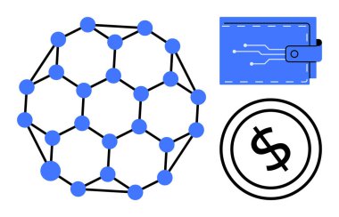 Bir ağa bağlanan düğümlü blok zincir yapısı, dijital cüzdan ikonu ve dolar işareti. Kripto para birimi, fintech, engelleme zinciri, ademi merkeziyetçi finans, yenilik, dijital ekonomi dairesi için ideal
