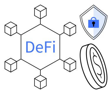 DeFi 'nin etrafındaki zincirleme küplerden oluşan bir ağ, kilitli güvenlik kalkanı ve dijital para. Finans, teknoloji, güvenlik, yenilik, kripto para birimi, engelleme zinciri dijital ekonomi için ideal