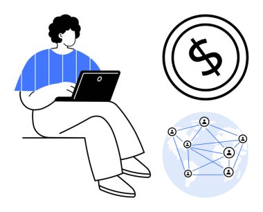 Finansal ve küresel ağ simgeleriyle birlikte bir dizüstü bilgisayar üzerinde çalışan kişi. Finans, teknoloji, bağlantı, uzaktan çalışma, ekonomik büyüme, dijital göçmenlik küresel işbirliği için idealdir. Düz