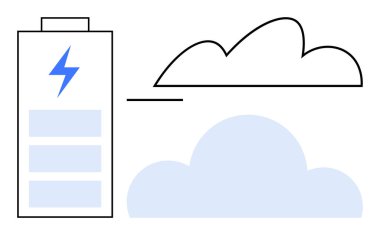 Yıldırımlı pil ve soyut bulutlar enerji depolama, sürdürülebilirlik ve bulut hesaplamasını vurguluyor. Temiz enerji, teknoloji, çevre, yenilik, veri depolama, gelecek için ideal