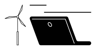 Yenilenebilir enerji, yenilik ve dijital dönüşüm sağlayan dizüstü bilgisayarın yanında rüzgar türbini. Sürdürülebilirlik, yeşil teknoloji, yenilenebilir kaynaklar, temiz enerji, yenilikler için ideal