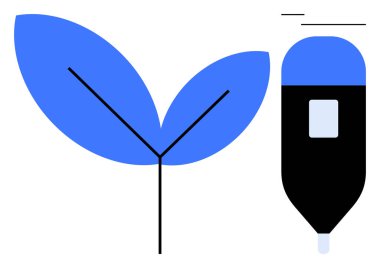 Mavi yaprak ve siyah kalem doğayla yeniliği görsel olarak birleştiriyor. Sürdürülebilirlik, ekoloji, yaratıcılık, yazma, büyüme, yenilik, çevre dostu mesajlaşma için idealdir. Temiz düz basit metafor