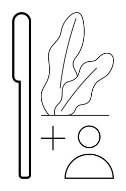 Bir bitki yaprağı, insan sembolü, artı işareti ve dikdörtgen içeren soyut çizgi sanatı. Doğa, insan bağlantısı, basitlik, refah, ekolojik bilinç tasarımı için ideal düz metafor kavramları