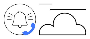 Bulut sembolünün yanında telefon ikonu uyarı zili çalıyor. İdeal mesajlaşma, veri depolama, alarmlar, bağlantı, bulut hesaplama, dijital hizmetler, düz basit metafor