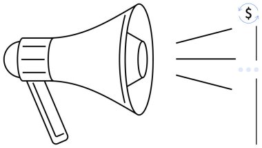 Megafon yayımı yayın, duyurular ve iletişimi sembolize eder. Para birimi işareti mali nüfuzu gösteriyor. Pazarlama, reklam, finans, promosyon, strateji için ideal