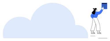 Kadın takvimi büyük bulutların yanında tutuyor, dijital depolamayı, organizasyonu, veri erişimini, takım çalışmasını temsil ediyor. Teknoloji için ideal, üretkenlik, zamanlama, bulut hesaplama yeniliği dijital