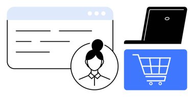 E- ticaret, kullanıcı arayüzü, çevrimiçi hizmetler, tüketici davranışı, dijital kimlik, işlem, düz basit metaforu temsil eden dijital ekran, dizüstü bilgisayar ve alışveriş arabası simgesinin yanında profil avatarı