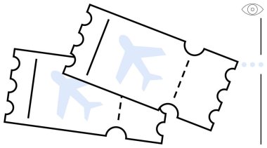 Perçinli iki uçak bileti hava yolculuğu, turizm ve tatil planlamasını temsil ediyor. Seyahat rezervasyonu, turizm, tatiller, havacılık, bilet hizmetleri, uluslararası seyahatler için ideal