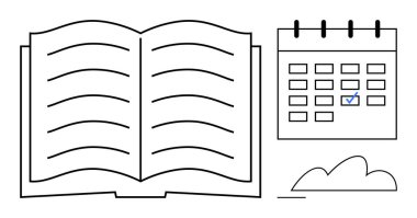 Yatay çizgileri olan açık bir kitap, işaretli tarihi olan bir takvim ve havada asılı duran bir bulut. Öğrenme, organizasyon, programlama, çalışma, bilgi paylaşımı ve dijital araçlar için ideal. Basit düz