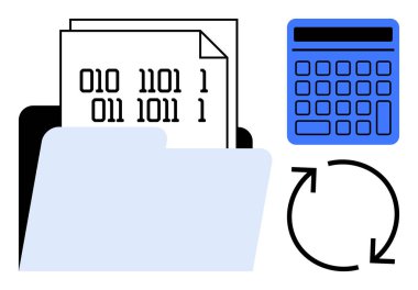 Dizin, hesap makinesi, tazeleme sembolü üzerindeki ikili kod veri işleme, hesaplamalar ve senkronizasyonu vurguluyor. Teknoloji, bilgisayar, organizasyon ve finans otomasyonu için ideal