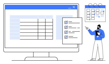 Veri tablosu monitörde, kontrol listesinde ve takvimde. Verileri gösteren profesyonel bir pano. Proje planlaması, görev yönetimi, zamanlama, takım koordinasyonu, verimlilik için ideal