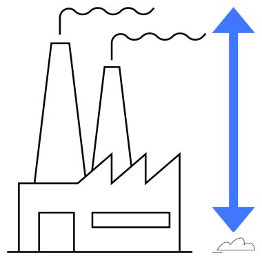 Bacaları duman çıkaran bir fabrika. Endüstriyel büyüme, kirlilik ya da çevresel etkiyi gösteren mavi ok yanında yükseliyor. Sürdürülebilirlik, kirlilik, sanayi etkisi, emisyonlar için ideal
