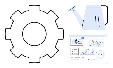 Dişlileri sembolize eden işlemler, büyüme için su konservesi ve analitiği resmeden veri paneli. Yönetim, büyüme stratejisi, üretkenlik, takım çalışması, geliştirme, veri analizi için ideal basit