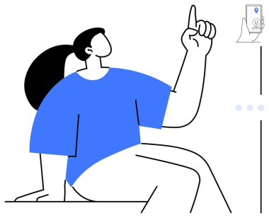 Minimalist kadın telefon navigasyon haritasını işaret ediyor. Seyahat, teknoloji, yön, iletişim, keşif, dijital araçlar, kullanıcı arayüzü temaları için idealdir. Düz basit metafor