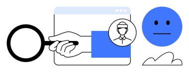 Tarayıcı penceresinin üzerinde büyüteç, kullanıcı profili, basitleştirilmiş yüz ve bulut. Güvenlik, kimlik sahtekarlığı, çevrimiçi başvurular, dijital güvenlik, soruşturma, veri analizi için ideal