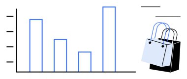 Değişen veri noktalarını gösteren bar çizelgesi ve perakende analizi gösteren iki alışveriş torbası. Perakende eğilimleri, pazar analizi, tüketici davranışı, satış performansı, iş büyümesi, istatistik