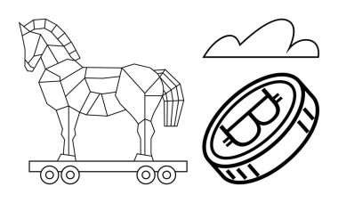 Tekerlekli Truva atı, logolu Bitcoin para ve basit bulut tasarımı. Siber güvenlik, teknoloji, kripto para birimi, aldatma, dijital finans hack yeniliği için idealdir. Düz basit