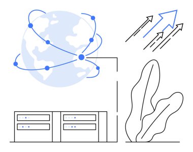 Birbirine bağlı düğümlere sahip dünya bağlantıyı sembolize eder. Sunucu birimleri, büyümek için yukarı doğru oklar, bitki taslağı. Teknoloji, bulut hesaplama, internet, yenilik küreselleşme analizleri için idealdir. Düz