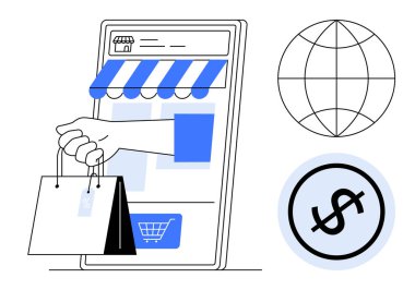 Telefon ekranından, mağaza arayüzünden, küreden ve dolar işaretinden çıkan el ele tutuşan çantalar. Çevrimiçi alışveriş, perakende satış, küresel ticaret, e-ticaret, dijital ödeme işi ve İnternet için ideal