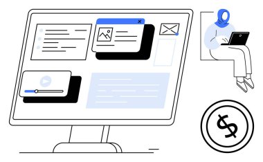 E- posta, resim, video ve metin için pencereleri açık olan masaüstü, bilgisayarını uzaktan kullanan kişi, dolar işareti simgesi. Uzaktan çalışma, çoklu görev, üretkenlik finans teknolojisi iletişimi için ideal