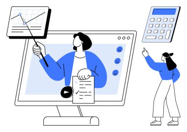 Ekranda veri grafiği sunan bir adam, kadın uzaktan etkileşimde, hesap makinesi yanında. Eğitim için ideal, sanal toplantılar, iş, takım çalışması, veri analizi, teknoloji sade metaforu