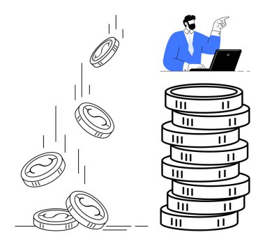 Bilgisayarlı bir işadamı, güven verici bir şekilde mali, zenginlik, tasarruf, yatırım, kâr, yenilik gösteren madeni paraları gösteriyor ve yığıyor. İş ve ekonomi bankacılığı girişimleri için ideal