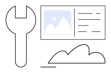 Aracı temsil eden anahtarlar, resim yer tutucu ve metin satırları ile dosya arayüzü ve bir bulut. Teknoloji, bulut depolama, veri yönetimi, bakım ve yazılım onarımı için ideal. Düz