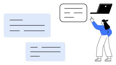 Kadın soyut mesaj kutuları ve dizüstü bilgisayarla iletişim kuruyor, veri organizasyonu ve sezgilere odaklanıyor. İletişim, sunum, beyin fırtınası, eğitim, geri bildirim, analitik ekip çalışması için ideal. Düz